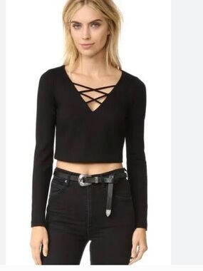 L’AGENCE Black Strappy Front Long Sleeve Crop Top Witchy Gothic Minimalist